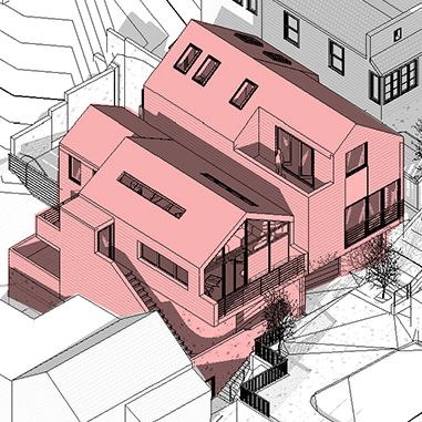 Isometric view. The typology of pitched roofs and horizontal siding responds to the typical local architecture.
