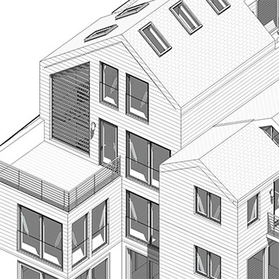 Rear (South) garden side. Balconies and recesses for maximum view and light as well as required volume reduction per planning code.