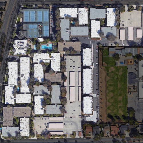 The three story apartment complex, built 1968 is of comparatively high density. buildings group around six landscaped courtyards. 