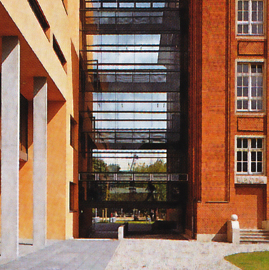 Four story steel and glass bridge connecting new and old
photo ©Christian Richters